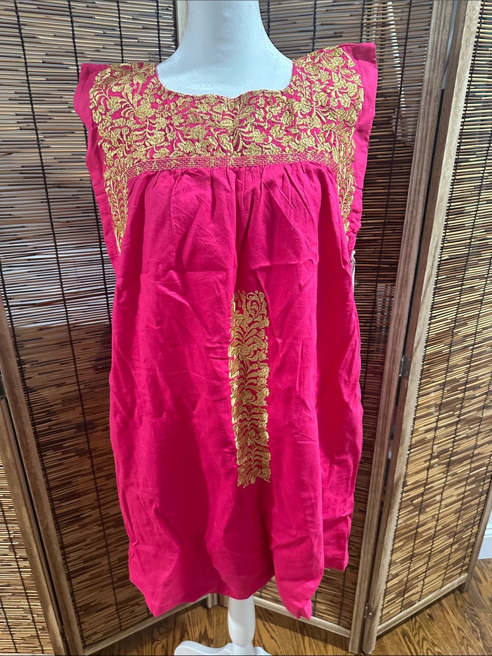 Pink Embroidered Casual Women's Tunic Dress with Gold Threadwork